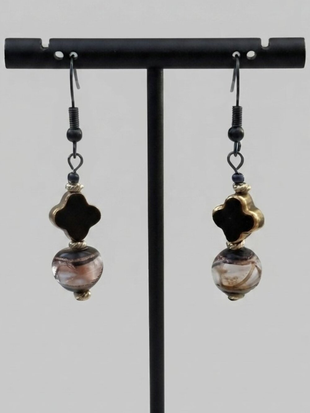 Quatrefoil Black Clover Marbled Glass Bead Earrings